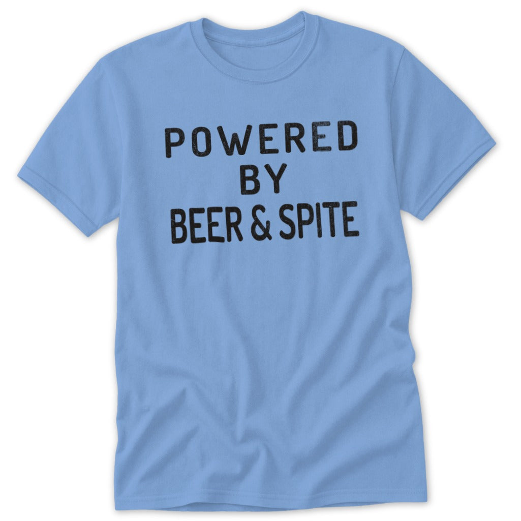 Blue t-shirt with black text that reads "POWERED BY BEER & SPITE".