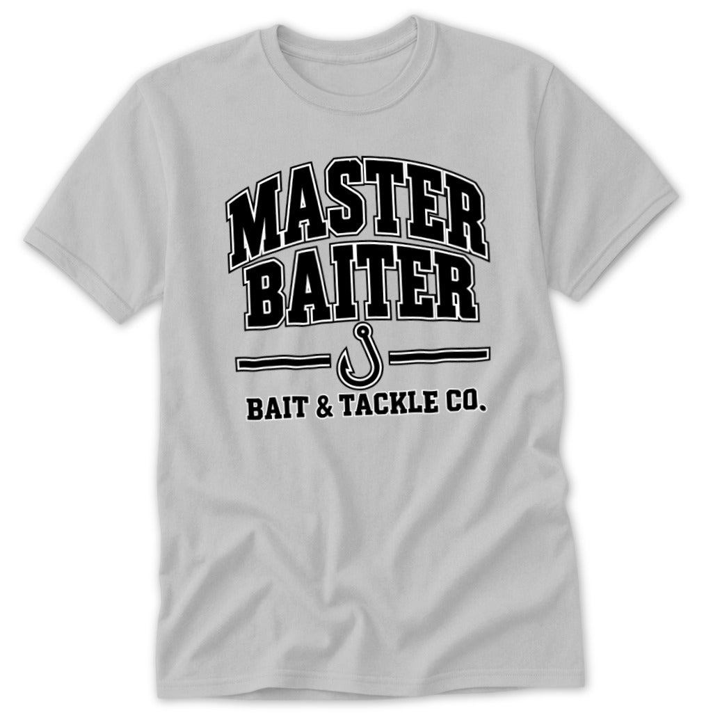 Light gray t-shirt with "MASTER BAITER BAIT & TACKLE CO." text and a fishing hook.