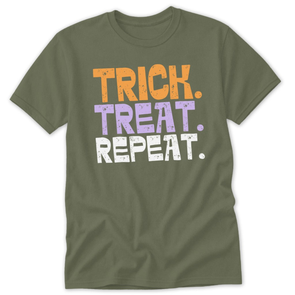 Green t-shirt with orange, purple, and white text "TRICK. TREAT. REPEAT."