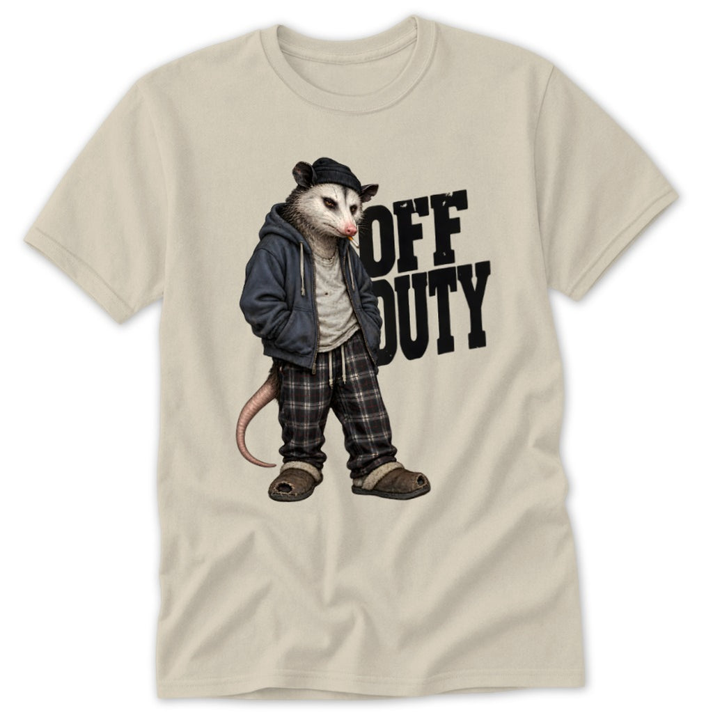Opossum wearing a beanie, hoodie, plaid pants, and slippers with text "OFF DUTY."