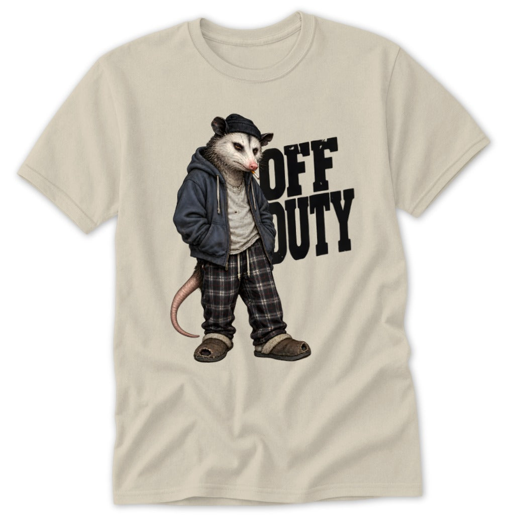 Opossum wearing a beanie, hoodie, plaid pants, and slippers with text "OFF DUTY."