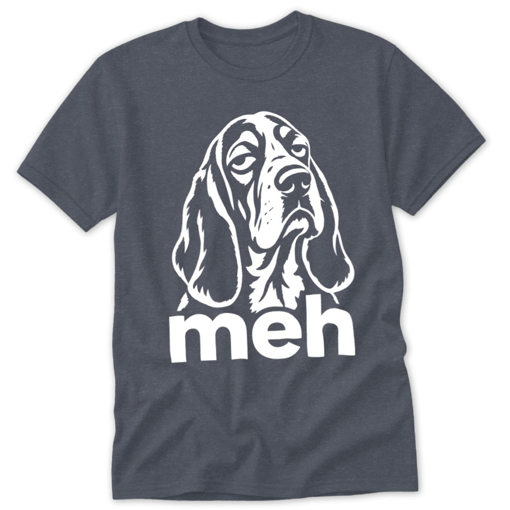 Dark t-shirt with white graphic of a sad-faced basset hound and the word "meh".