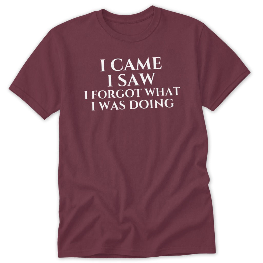 Maroon t-shirt with white text: "I CAME I SAW I FORGOT WHAT I WAS DOING."