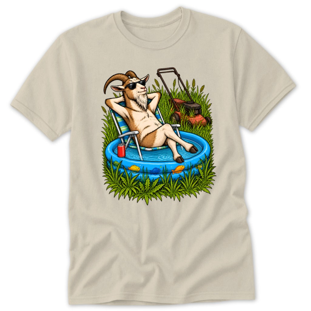 Goat relaxing in kiddie pool with lawnmower in background.