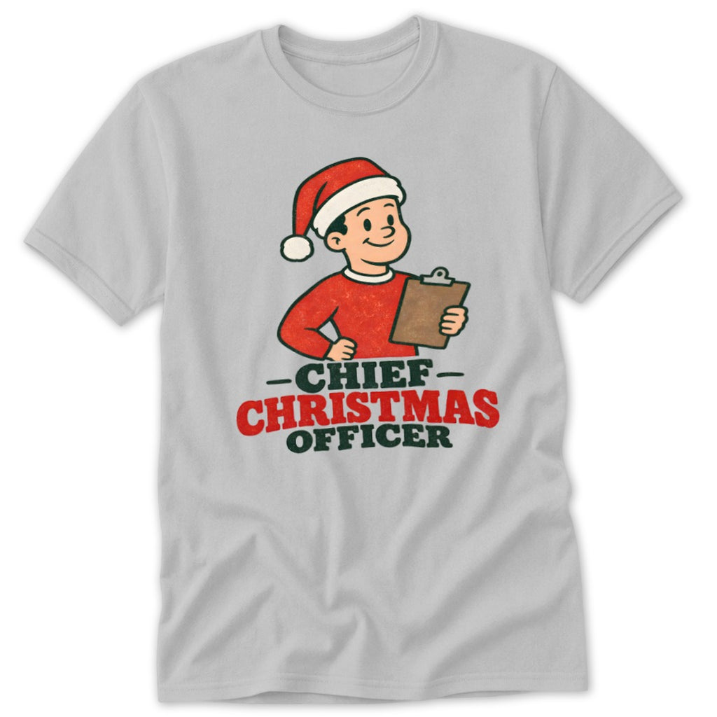 Illustration of a boy in a Santa hat holding a clipboard with text "Chief Christmas Officer".