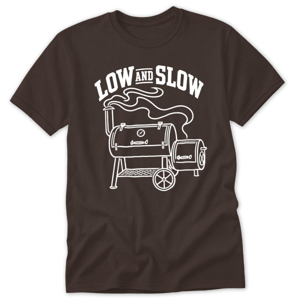 Brown t-shirt with white "LOW AND SLOW" text and a drawing of a smoker.