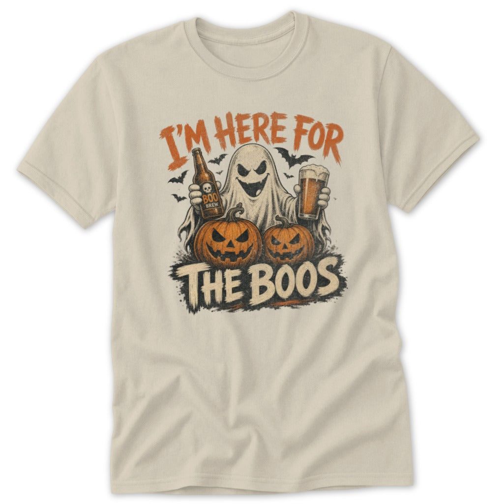 Ghost holding beer and pumpkins with text "I'm here for the boos".