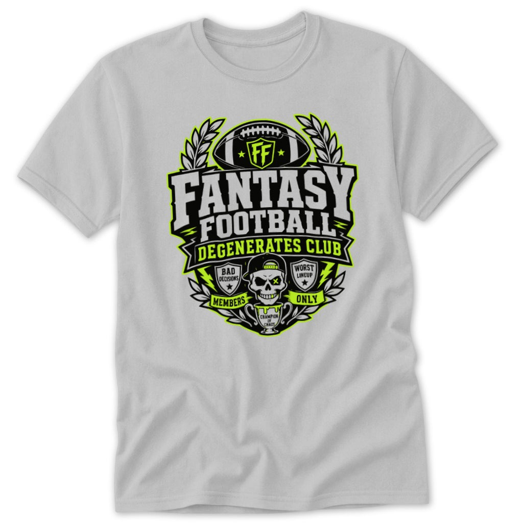 Light gray short-sleeved t-shirt featuring a black, white, and neon green fantasy football graphic on the chest.