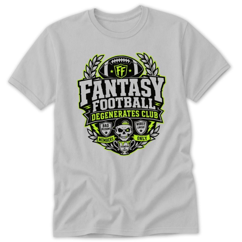 Light gray short-sleeved t-shirt featuring a black, white, and neon green fantasy football graphic on the chest.