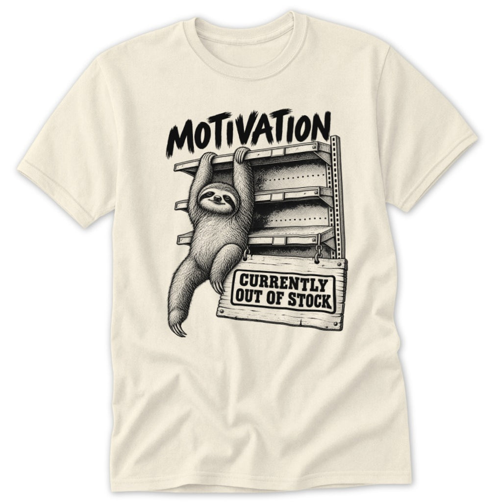 Sloth hanging on shelves with "Motivation" and "Currently Out of Stock" text.