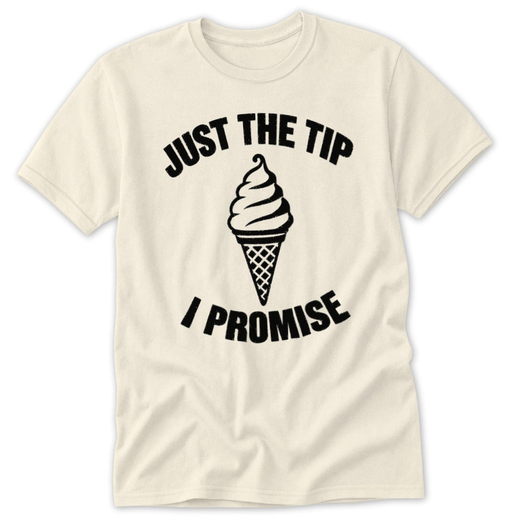 Cream t-shirt with black text and ice cream cone graphic.