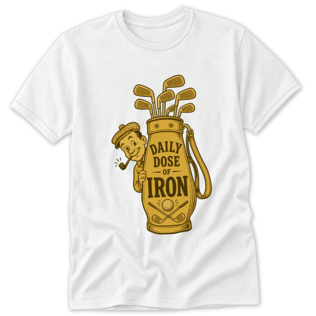 Cartoon man with pipe peeking from golf bag with text "Daily Dose of Iron."