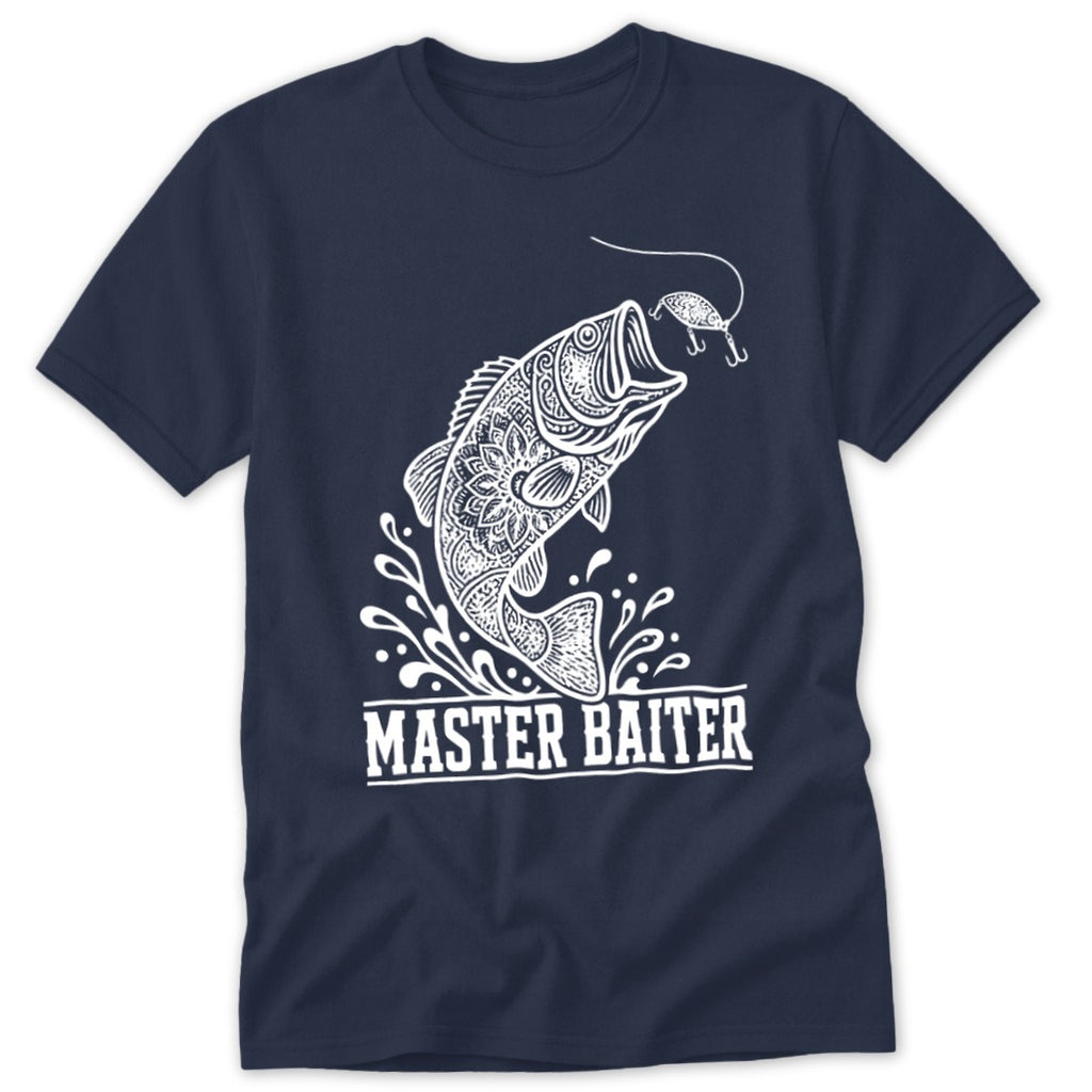 Navy t-shirt with white bass jumping for a fishing lure and "MASTER BAITER" text.