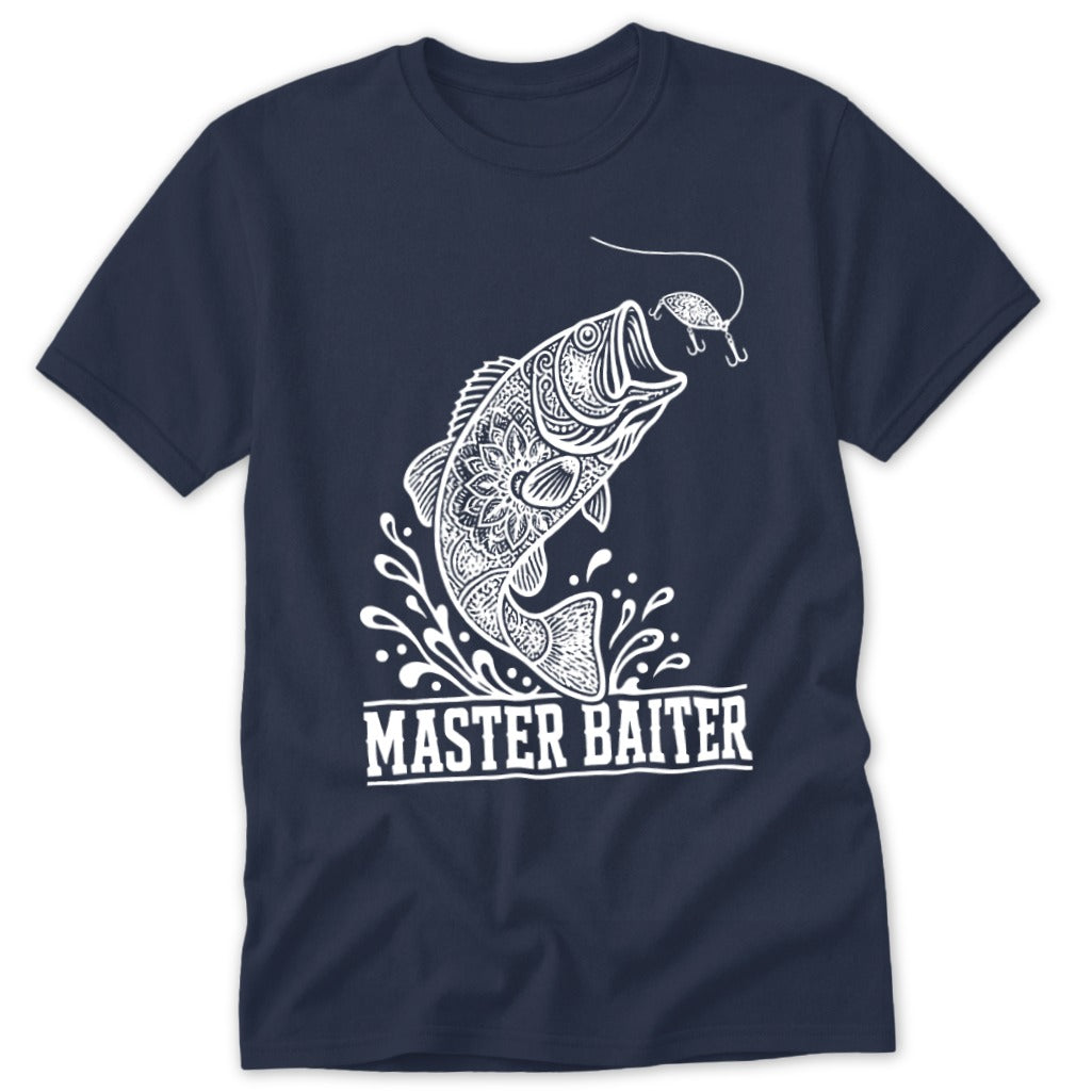 Navy t-shirt with white bass jumping for a fishing lure and "MASTER BAITER" text.