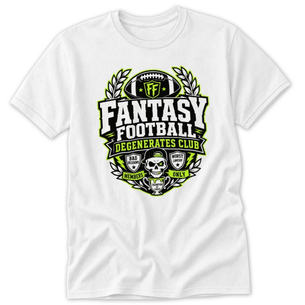 A white t-shirt featuring a green, white, and black fantasy football graphic on the chest.