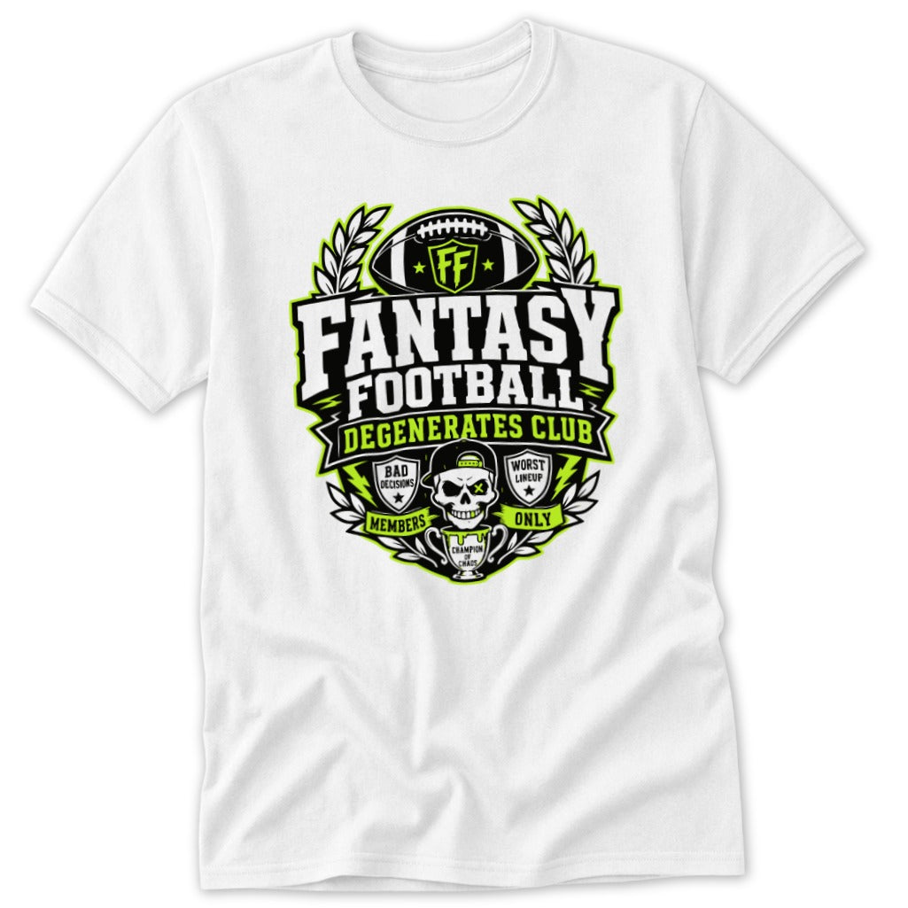 A white t-shirt featuring a green, white, and black fantasy football graphic on the chest.