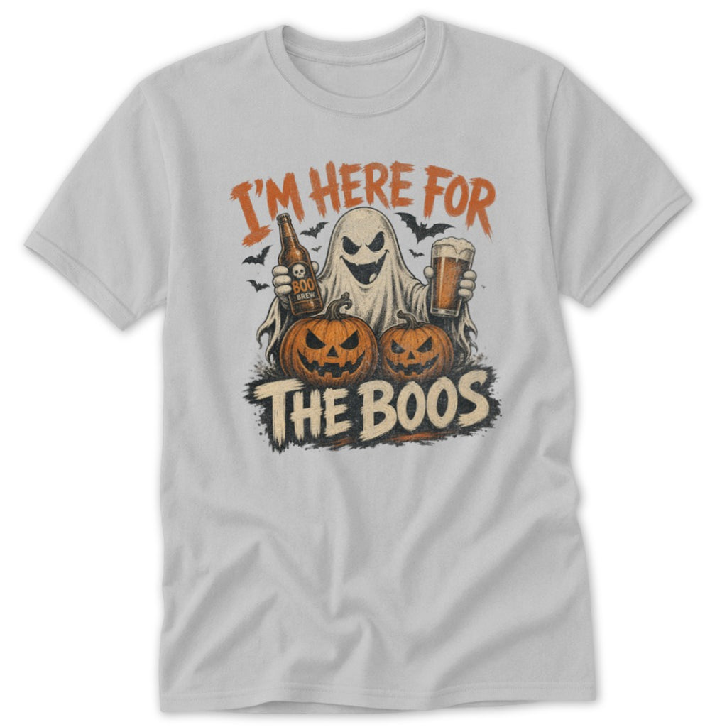 Ghost with beer and pumpkins, text reads "I'm Here For The Boos".
