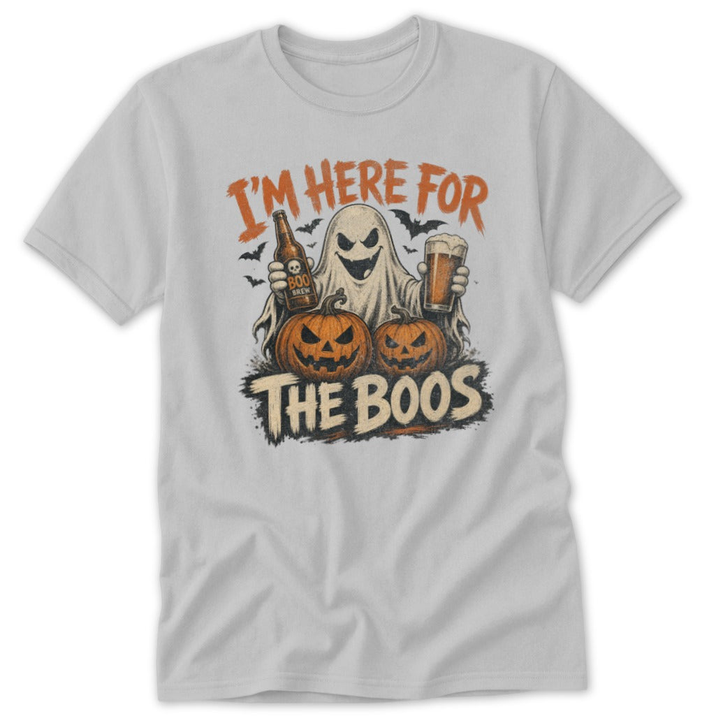 Ghost with beer and pumpkins, text reads "I'm Here For The Boos".