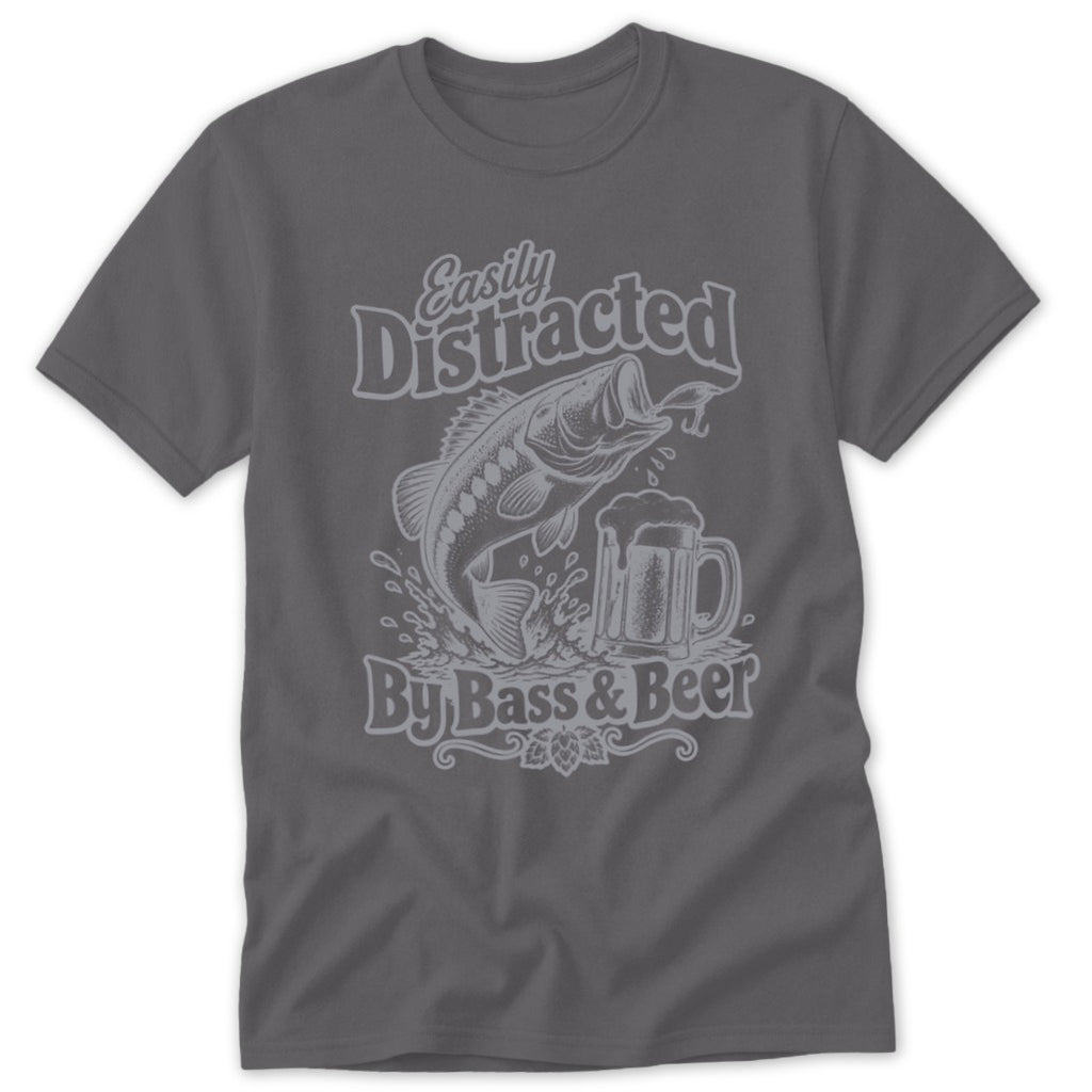 A grey short-sleeve t-shirt features a vintage graphic of a leaping fish and beer mug with the text Easily Distracted By Bass and Beer.