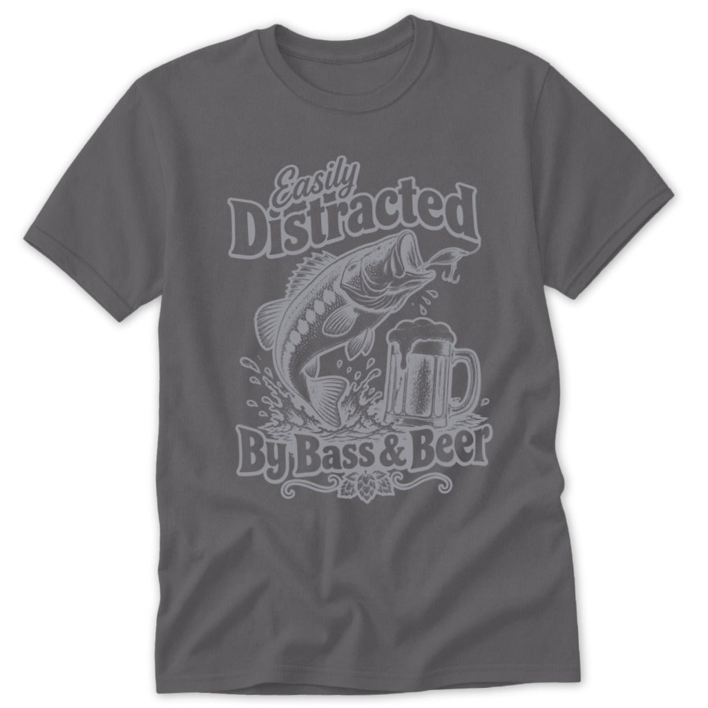 A grey short-sleeve t-shirt features a vintage graphic of a leaping fish and beer mug with the text Easily Distracted By Bass and Beer.