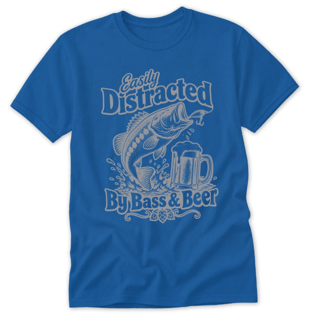 A blue short-sleeve t-shirt features a white graphic with a leaping fish, a beer mug, and the text "Easily Distracted By Bass & Beer".