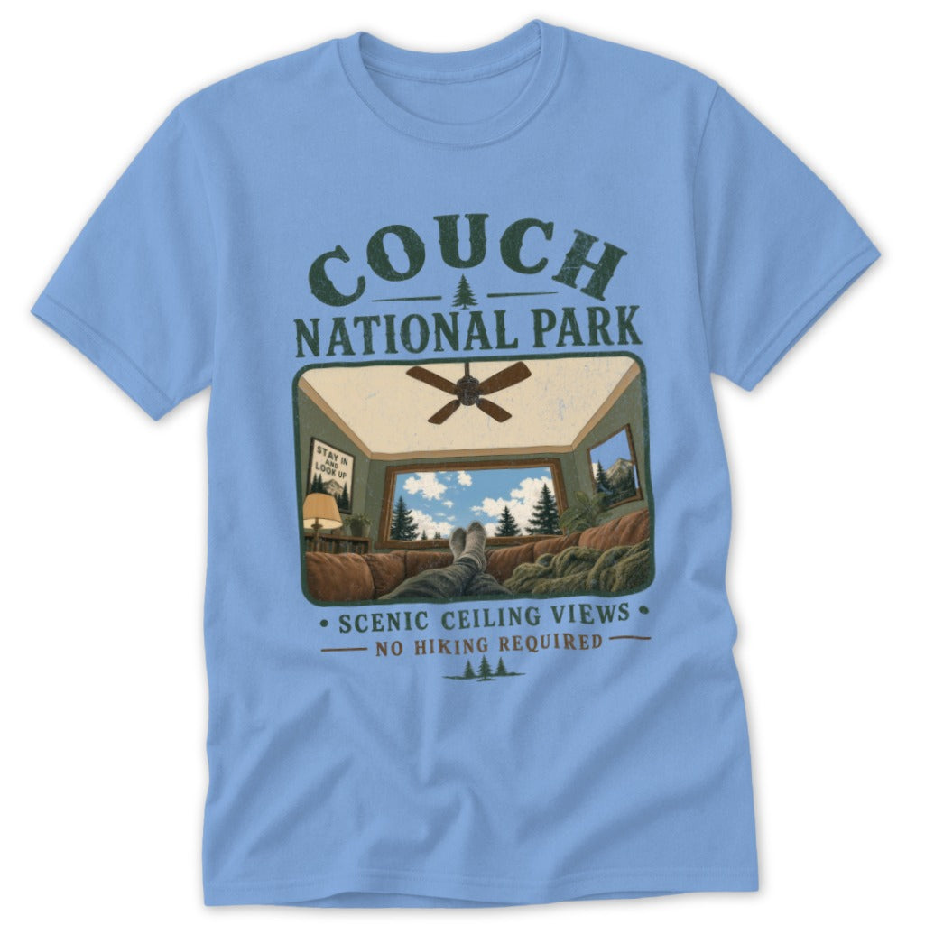 Light blue t-shirt with "Couch National Park" graphic, scenic ceiling views, no hiking required.