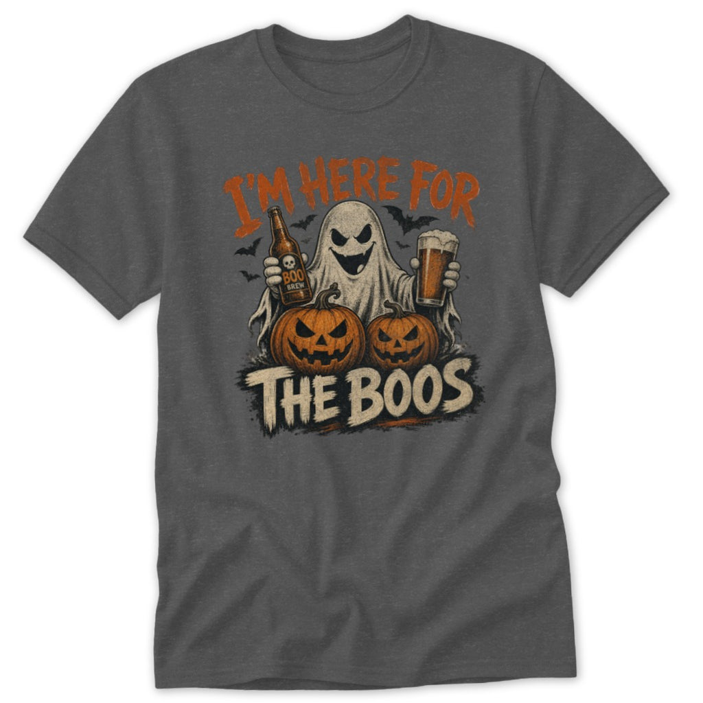 Ghost with beer and pumpkins, text "I'm Here For The Boos".
