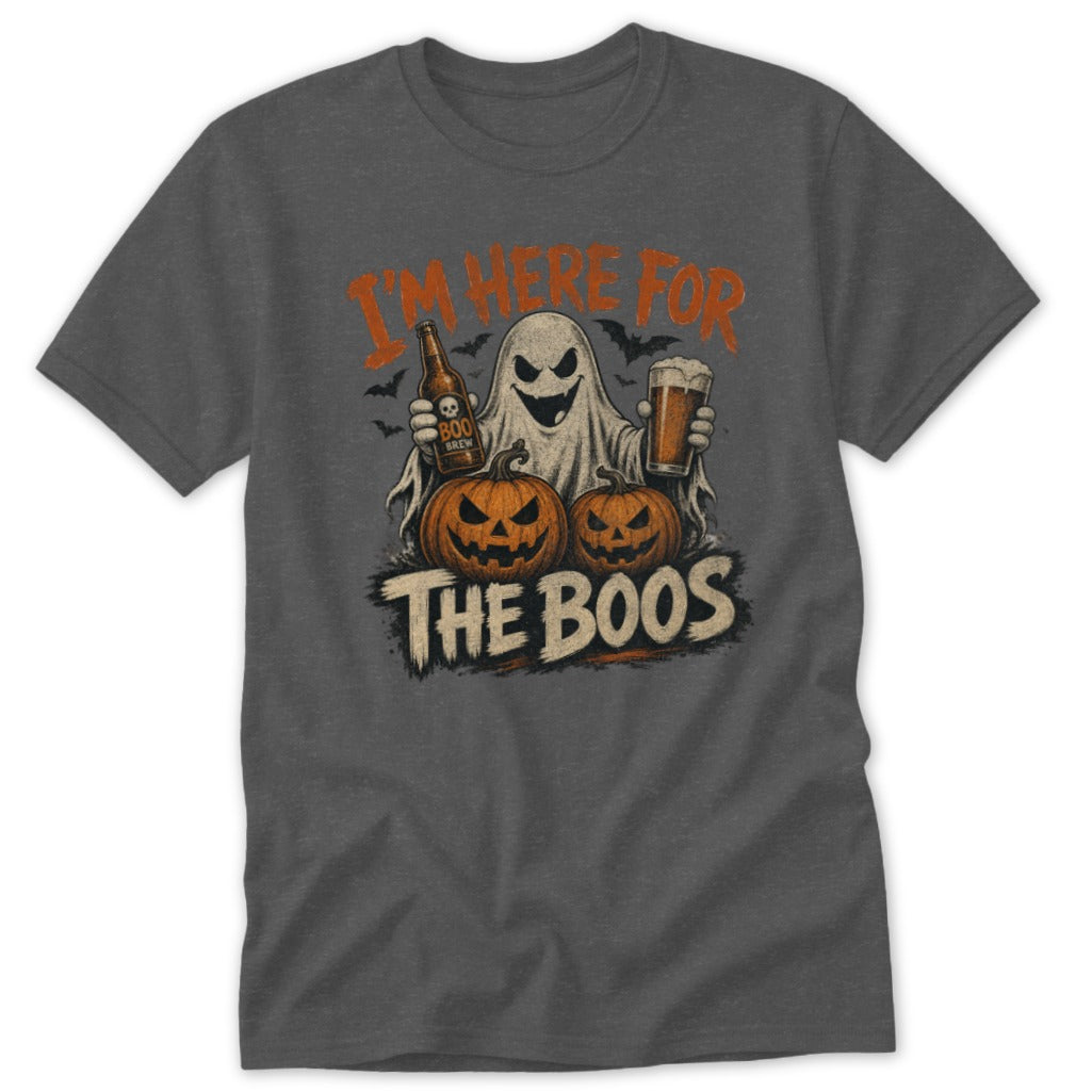Ghost with beer and pumpkins, text "I'm Here For The Boos".