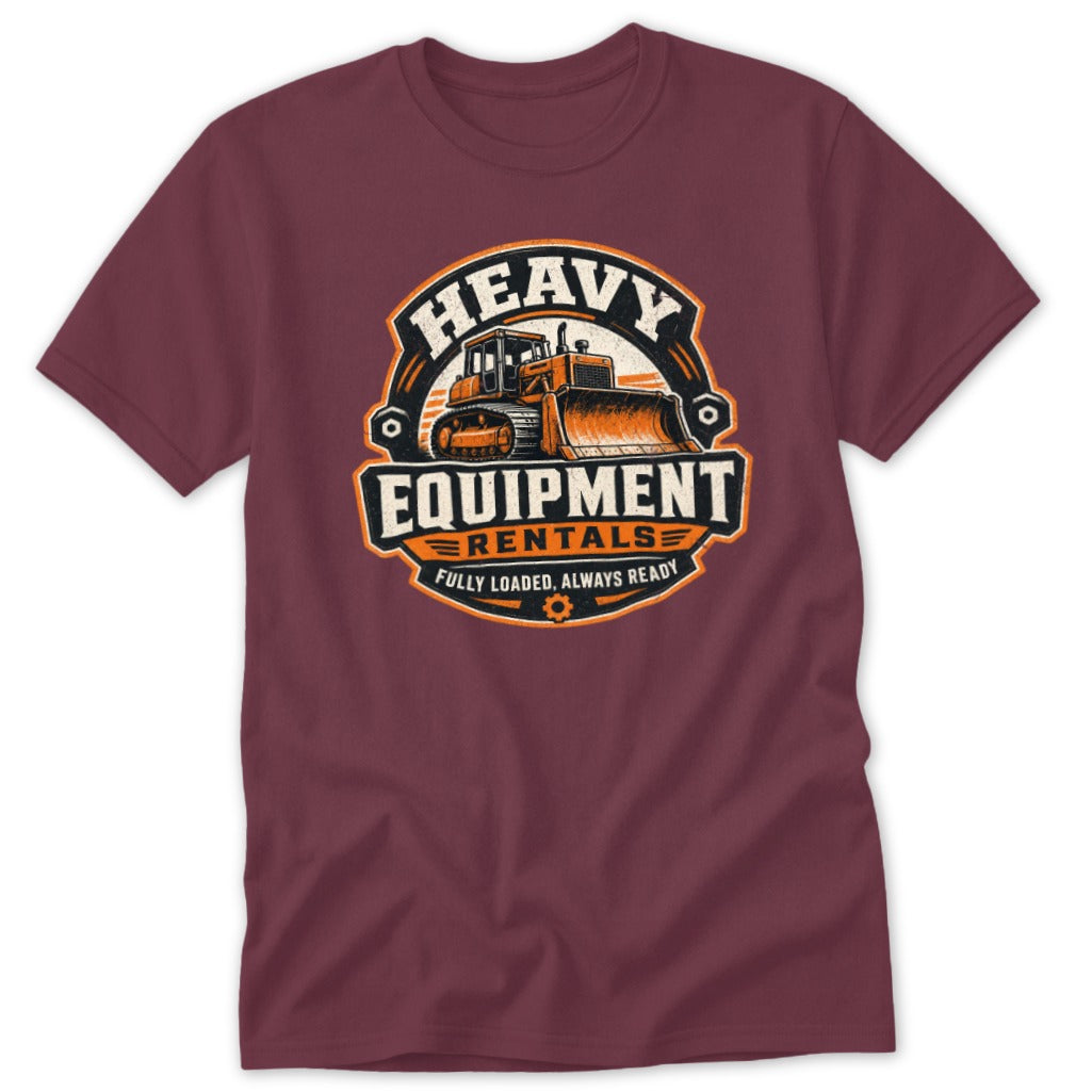 Maroon crewneck t-shirt featuring a retro heavy equipment rentals graphic with a bulldozer illustration.