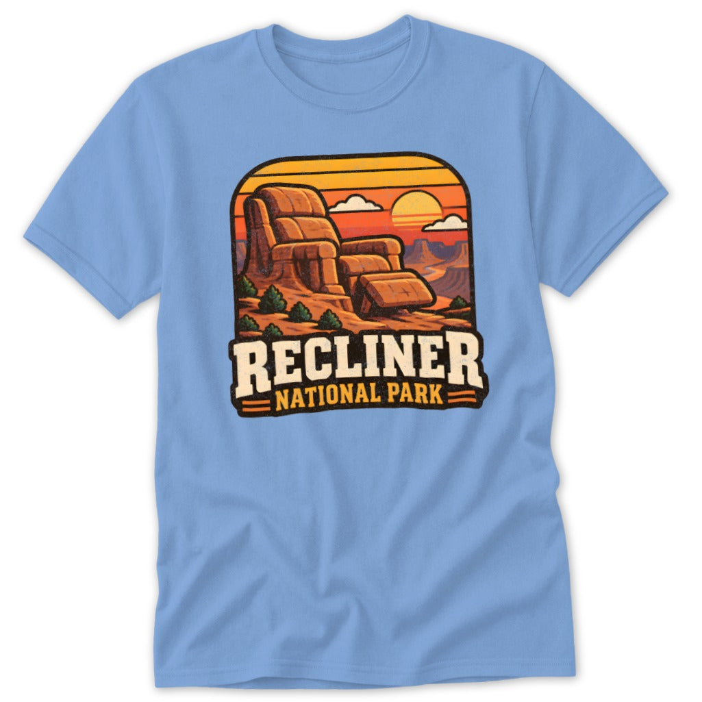 T-shirt graphic with "Recliner National Park" text over a desert landscape.