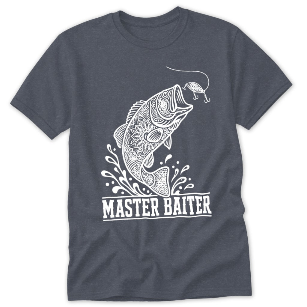 White fishing graphic with a jumping bass and "MASTER BAITER" text on a dark grey t-shirt.