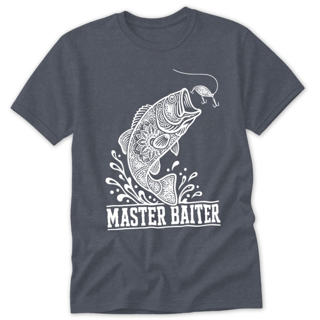 White fishing graphic with a jumping bass and "MASTER BAITER" text on a dark grey t-shirt.