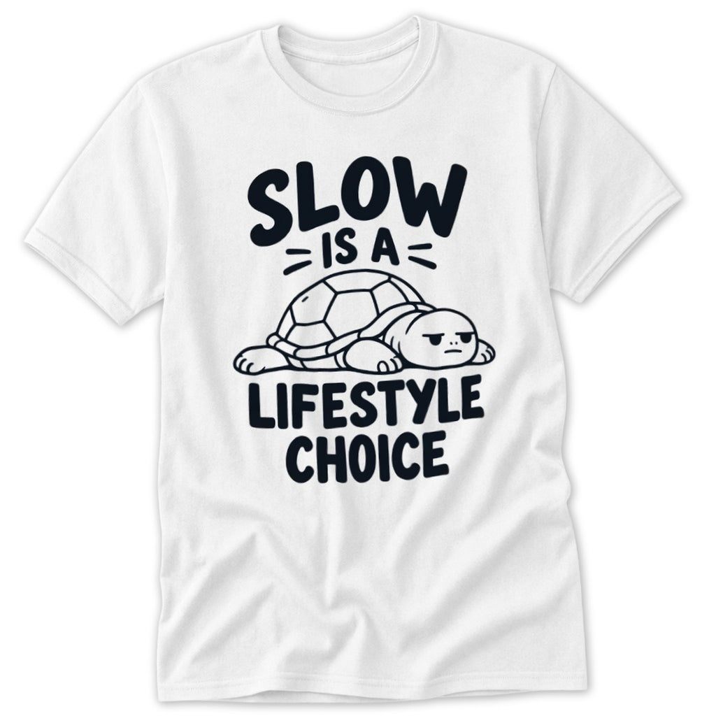 A white t-shirt featuring a graphic of a lounging turtle and the text "Slow is a lifestyle choice".