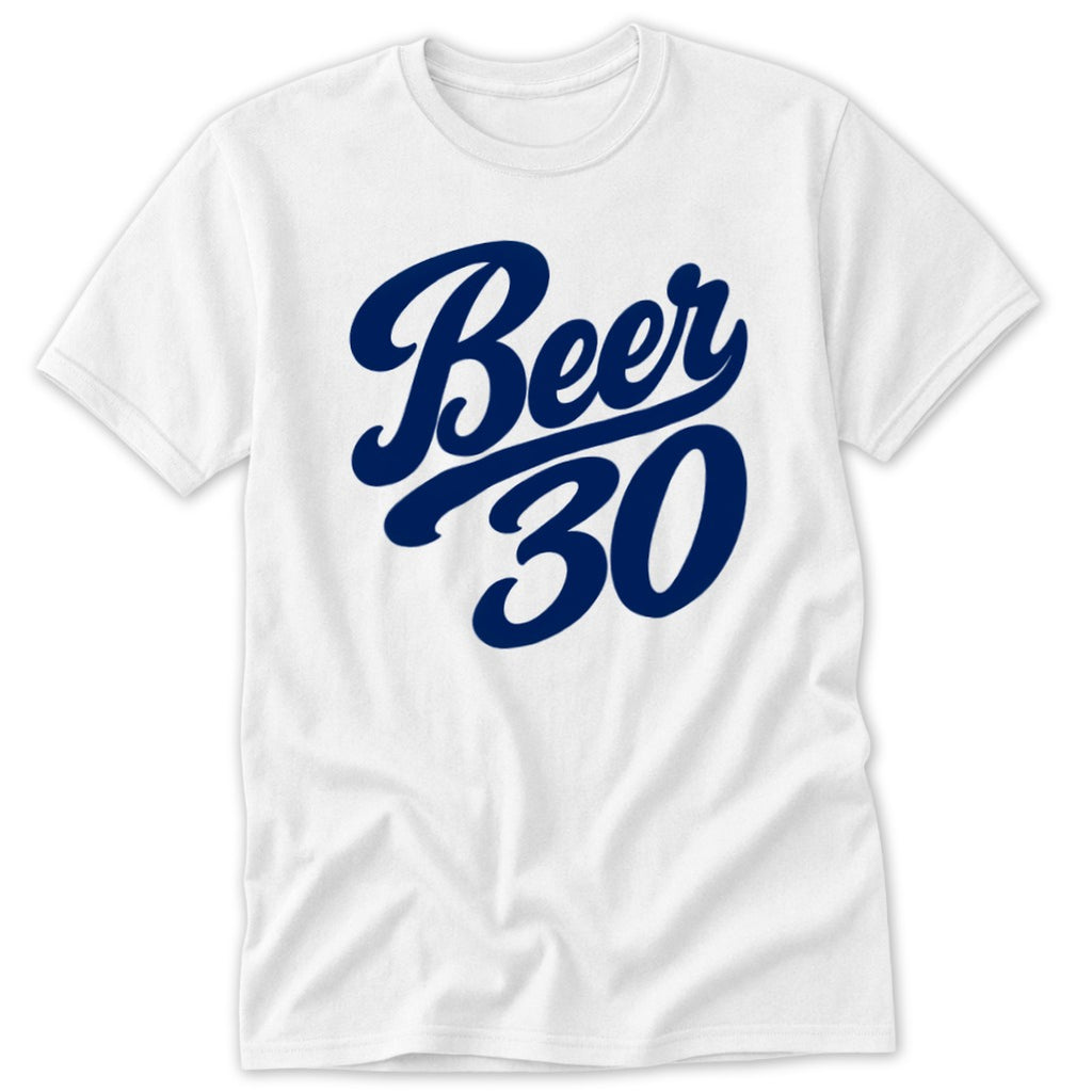 White t-shirt with navy blue "Beer 30" text in a cursive font.