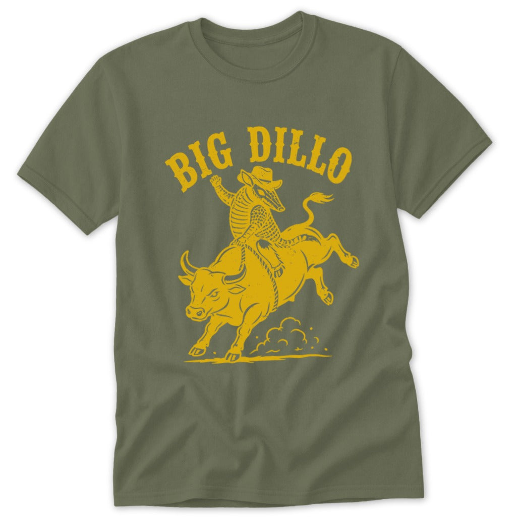 Green t-shirt with yellow text and graphic of an armadillo riding a bull.