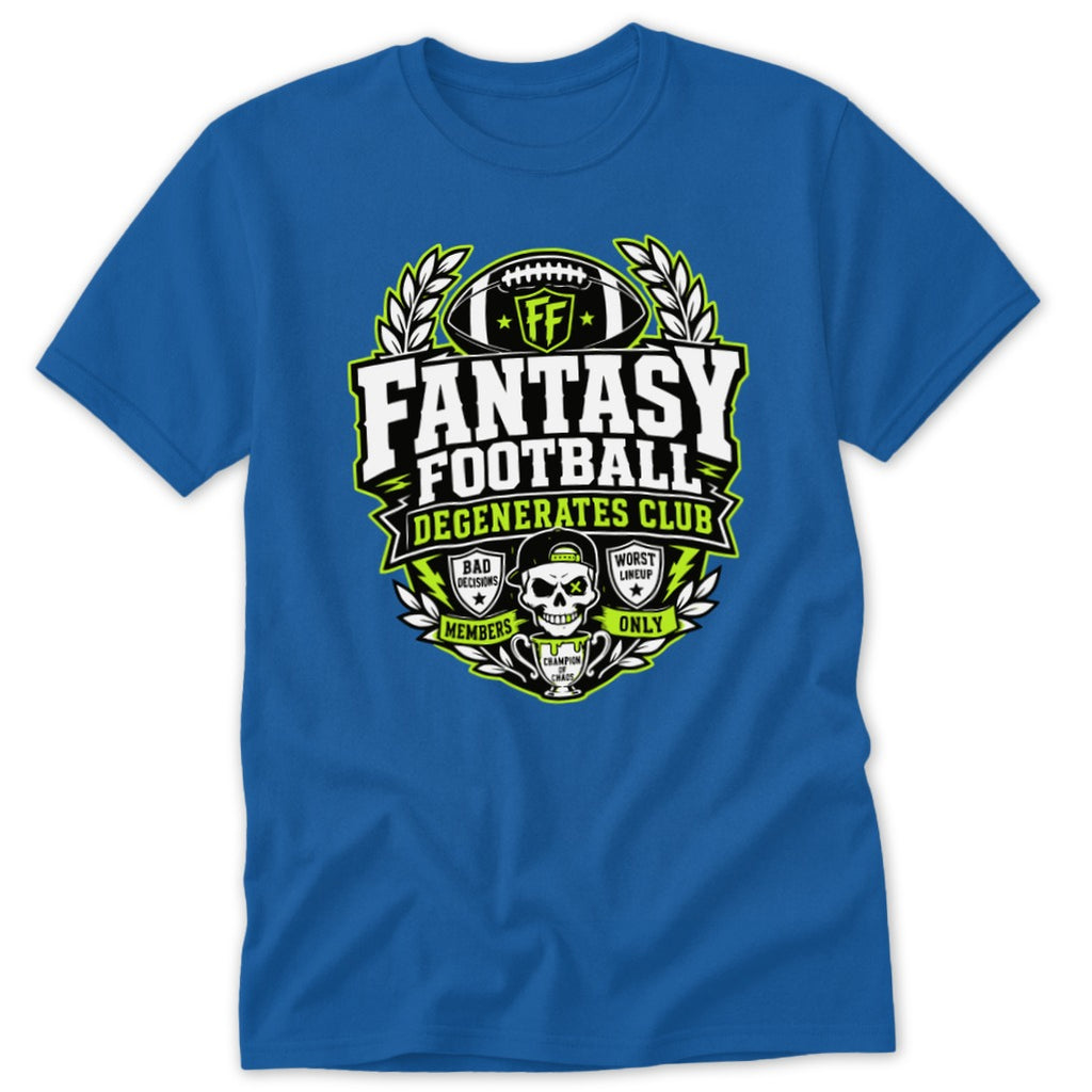 A royal blue short-sleeved t-shirt features a bold black, white, and green fantasy football graphic centered on the chest.