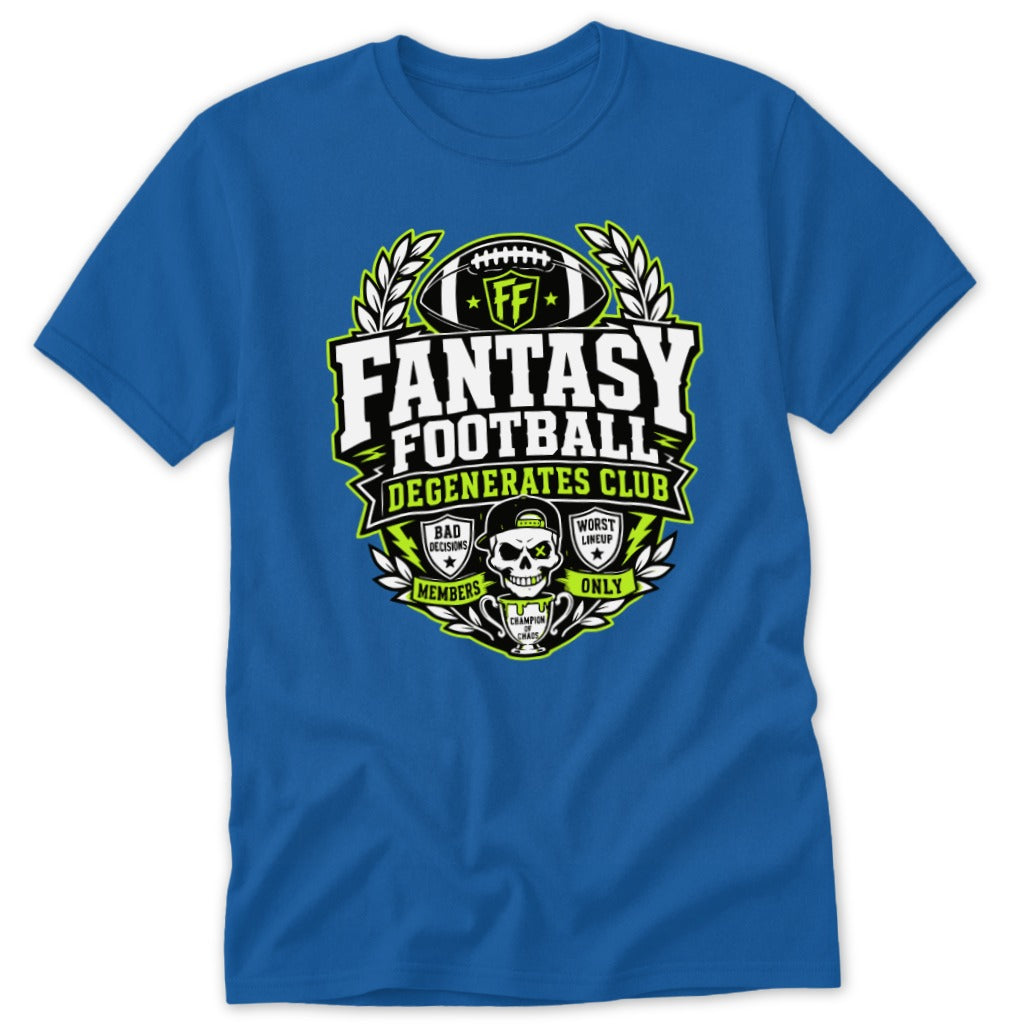 A royal blue short-sleeved t-shirt features a bold black, white, and green fantasy football graphic centered on the chest.