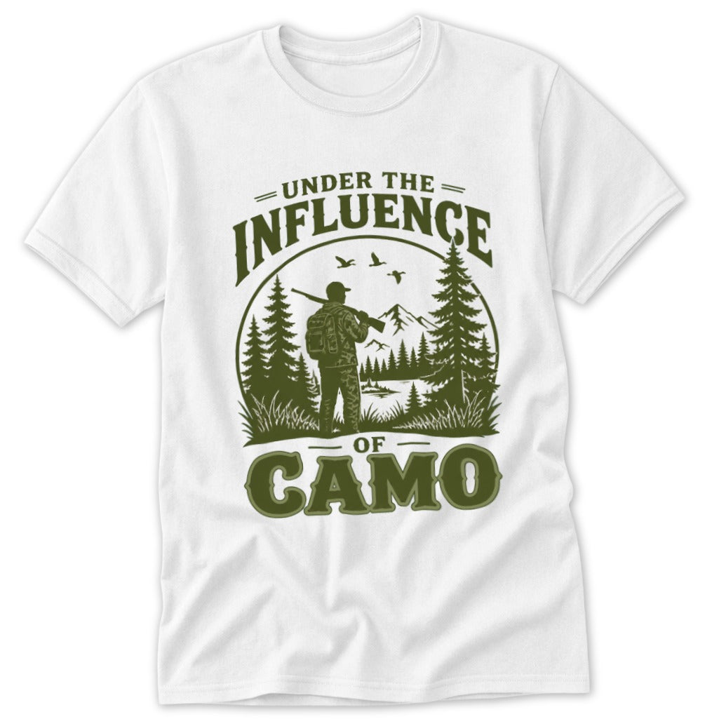 White t-shirt with "Under the Influence of Camo" text and hunting scene graphic.