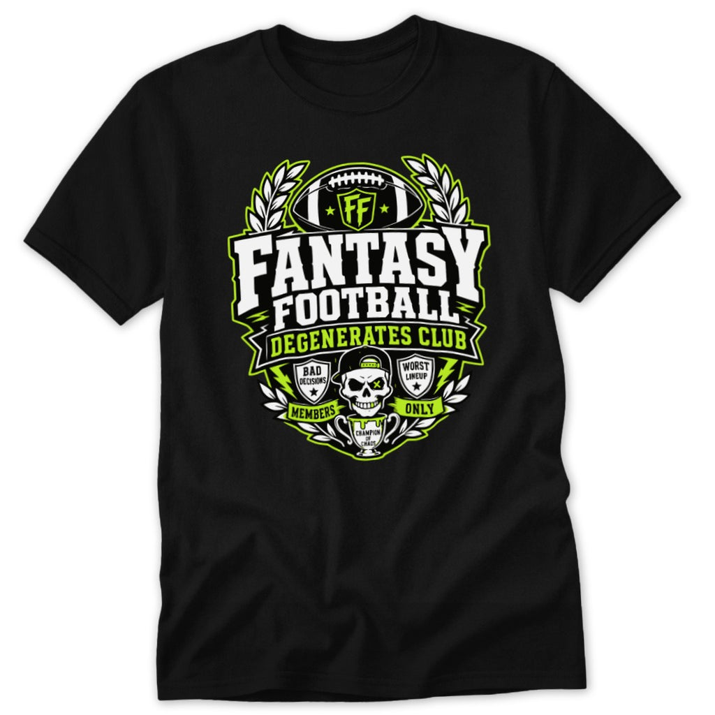 A black crewneck t-shirt featuring a green, white, and black graphic that reads Fantasy Football Degenerates Club with skull imagery.