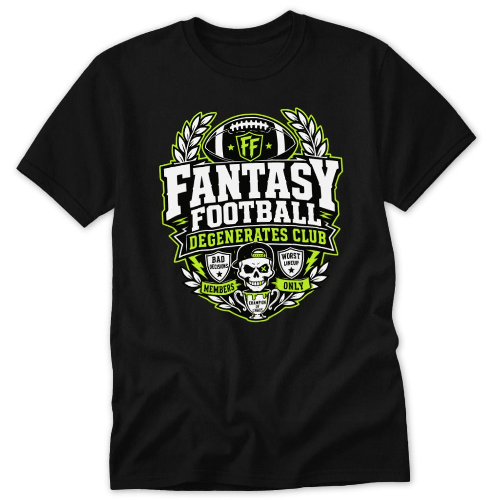 A black crewneck t-shirt featuring a green, white, and black graphic that reads Fantasy Football Degenerates Club with skull imagery.