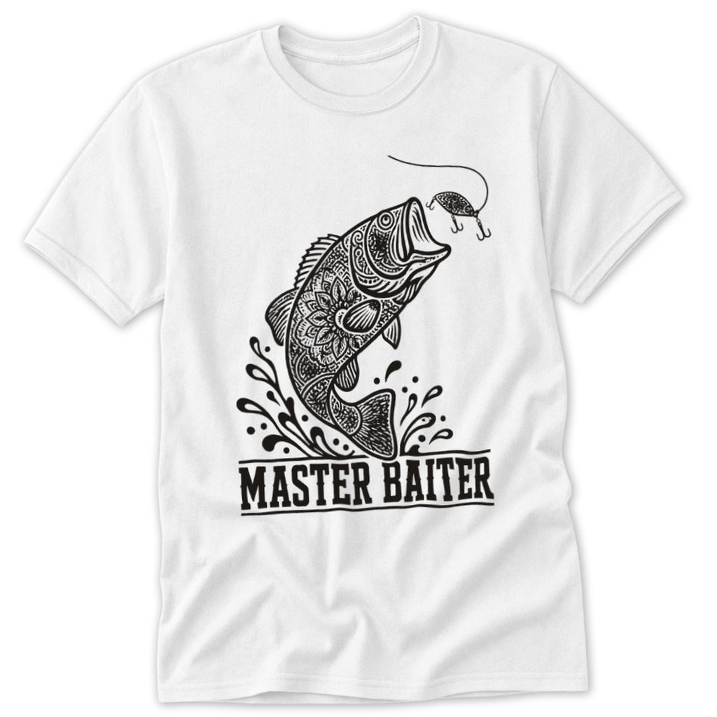 T-shirt with jumping fish graphic and "MASTER BAITER" text.