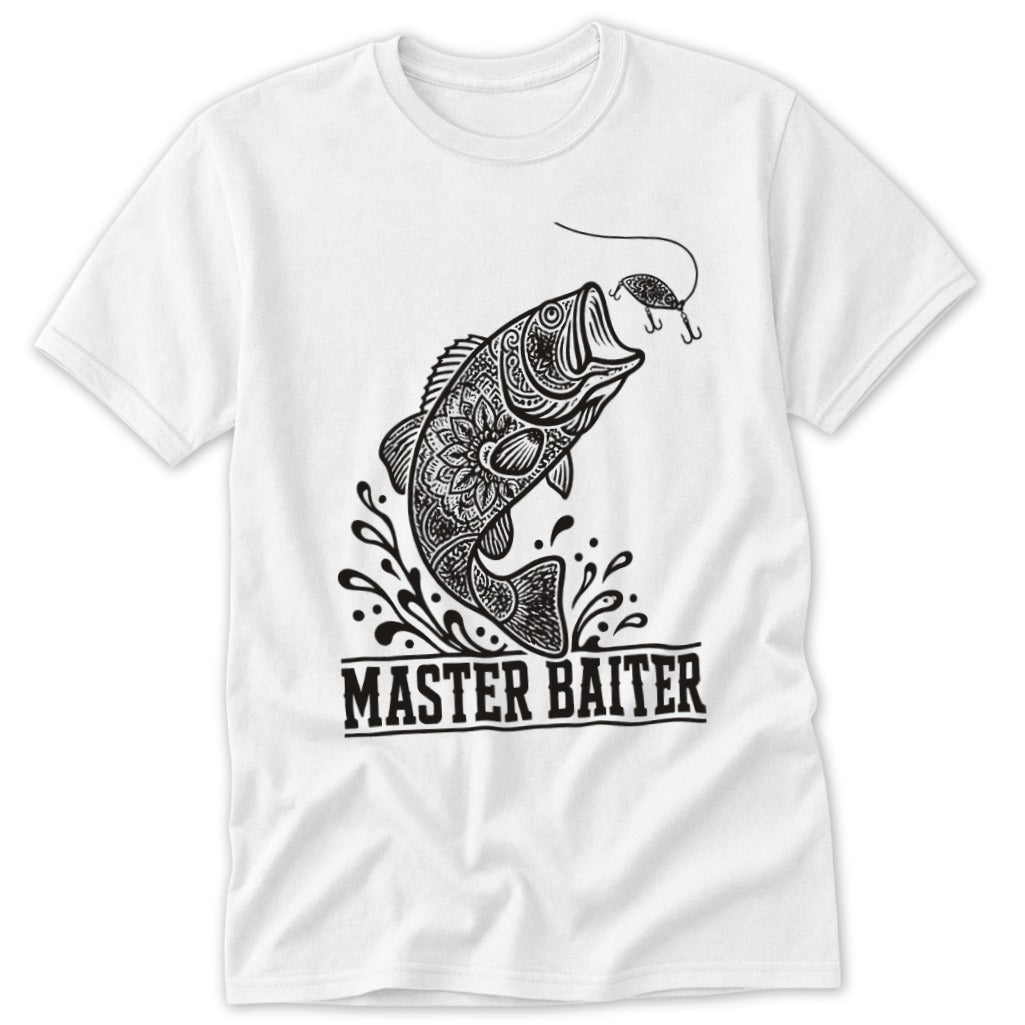 T-shirt with jumping fish graphic and "MASTER BAITER" text.