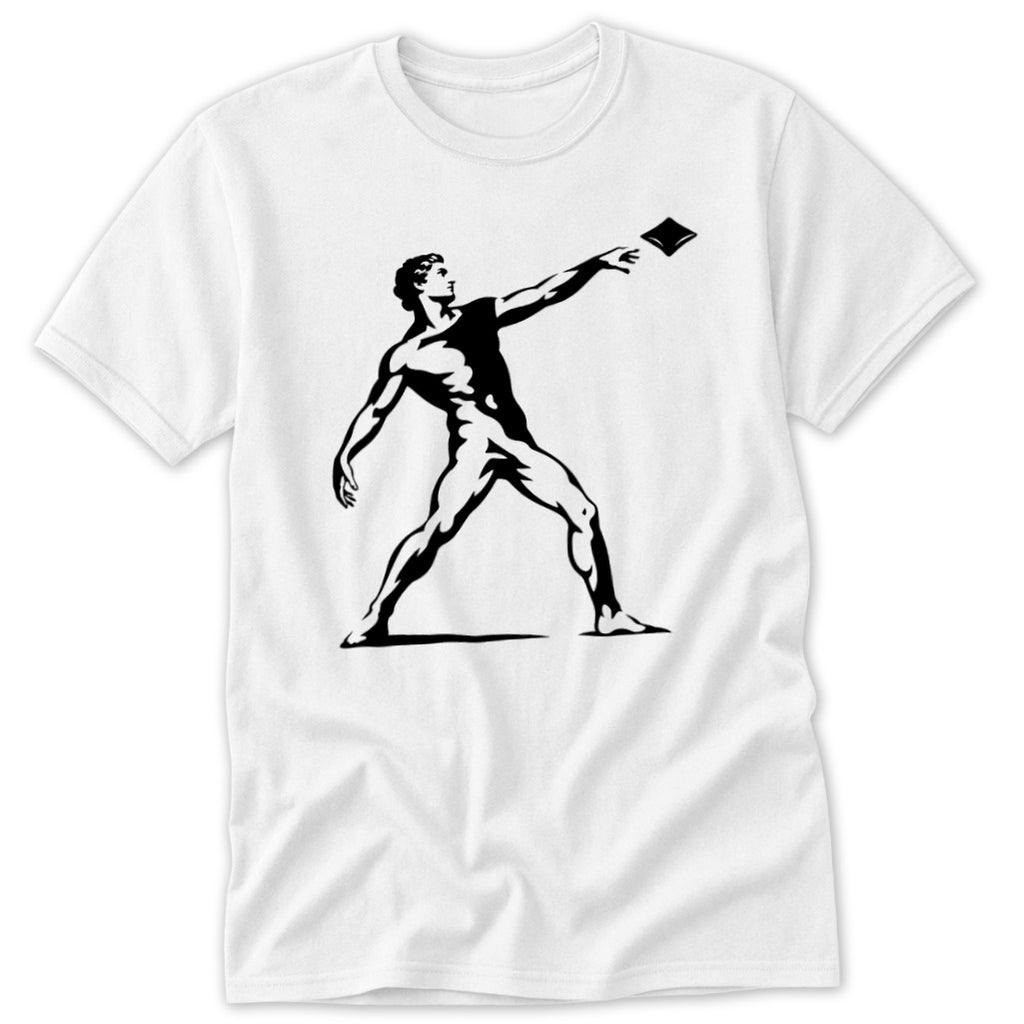 Black silhouette of a muscular man throwing a square object on a white t-shirt.