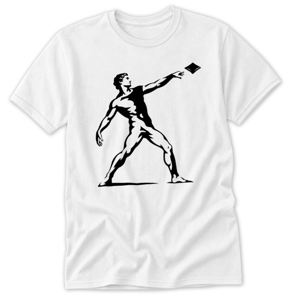 Black silhouette of a muscular man throwing a square object on a white t-shirt.