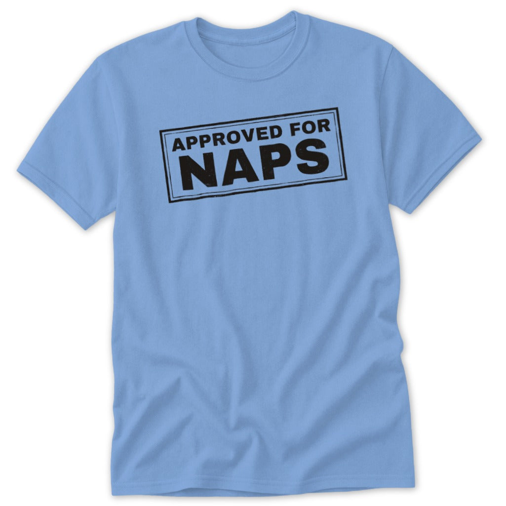 A light blue crewneck t-shirt featuring a black stamped box graphic with the text "APPROVED FOR NAPS".