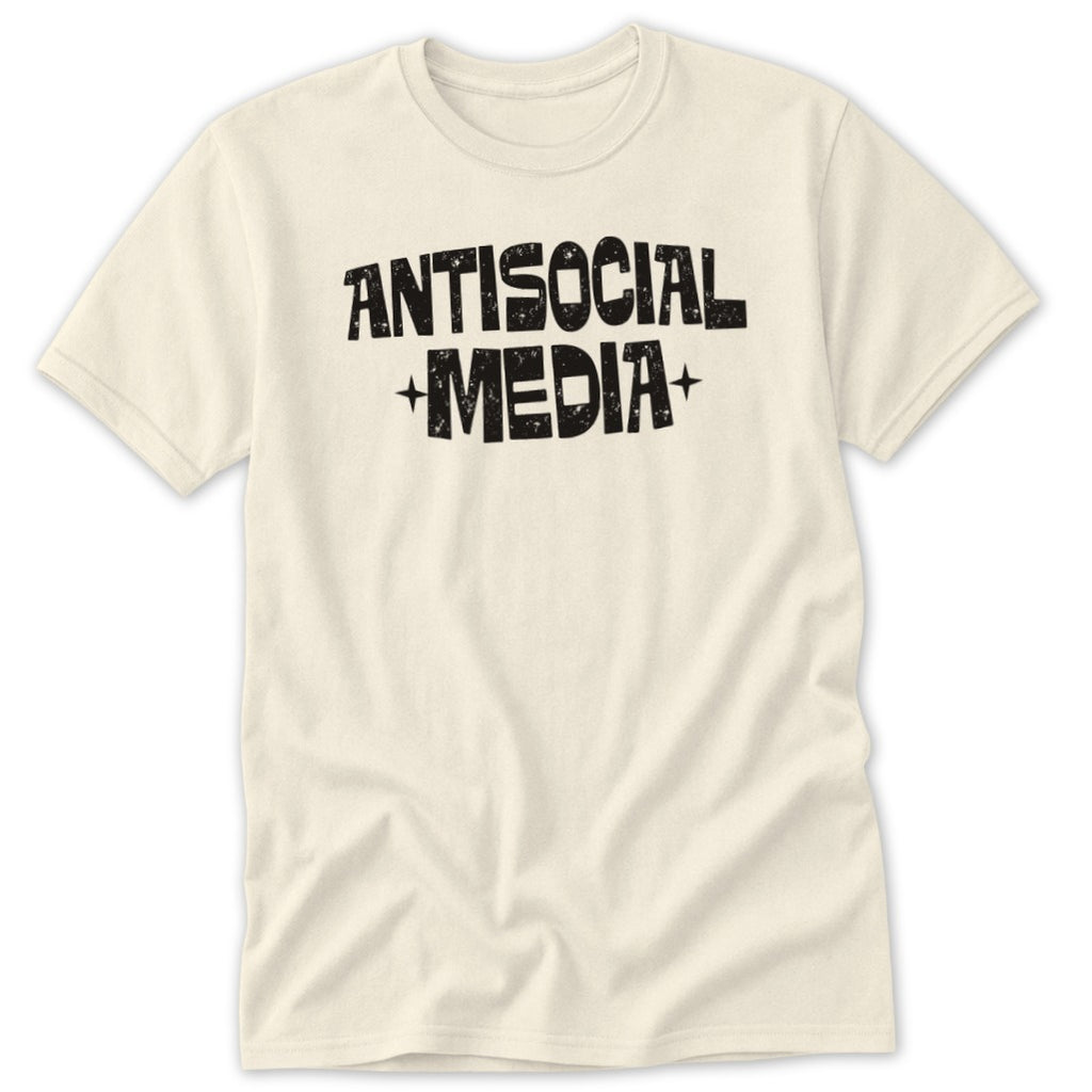 Cream t-shirt with black "ANTISOCIAL MEDIA" text in a distressed font.