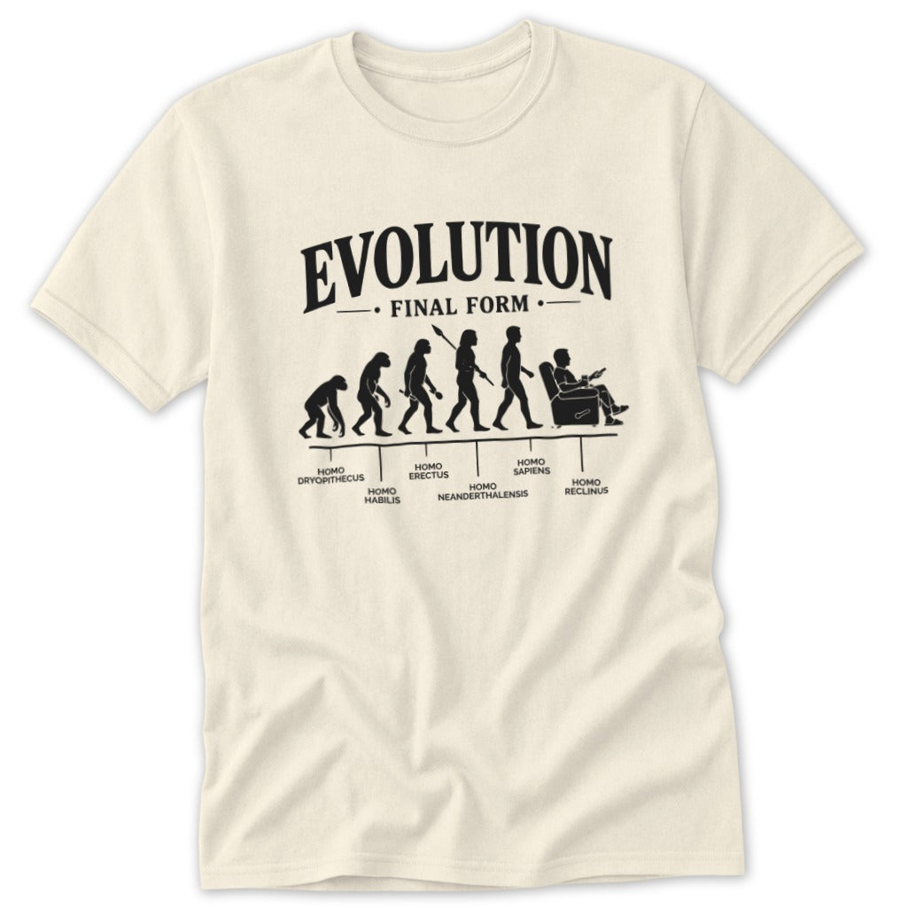 An off-white t-shirt featuring a black graphic of human evolution ending with a man sitting in a recliner.