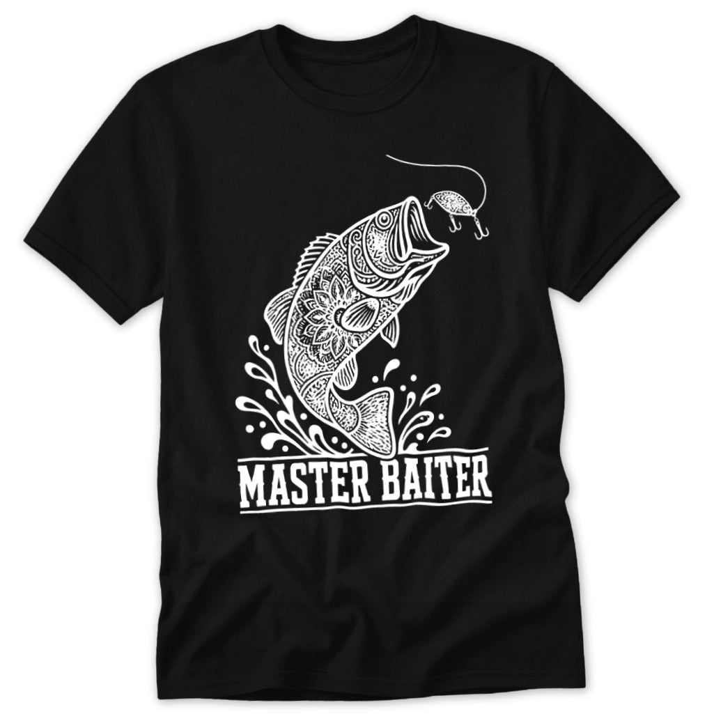 Black t-shirt with white graphic of a leaping fish and the text "MASTER BAITER".