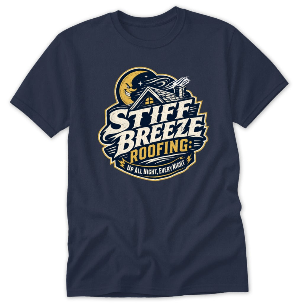 Navy blue t-shirt featuring a Stiff Breeze Roofing logo with a crescent moon and house illustration.
