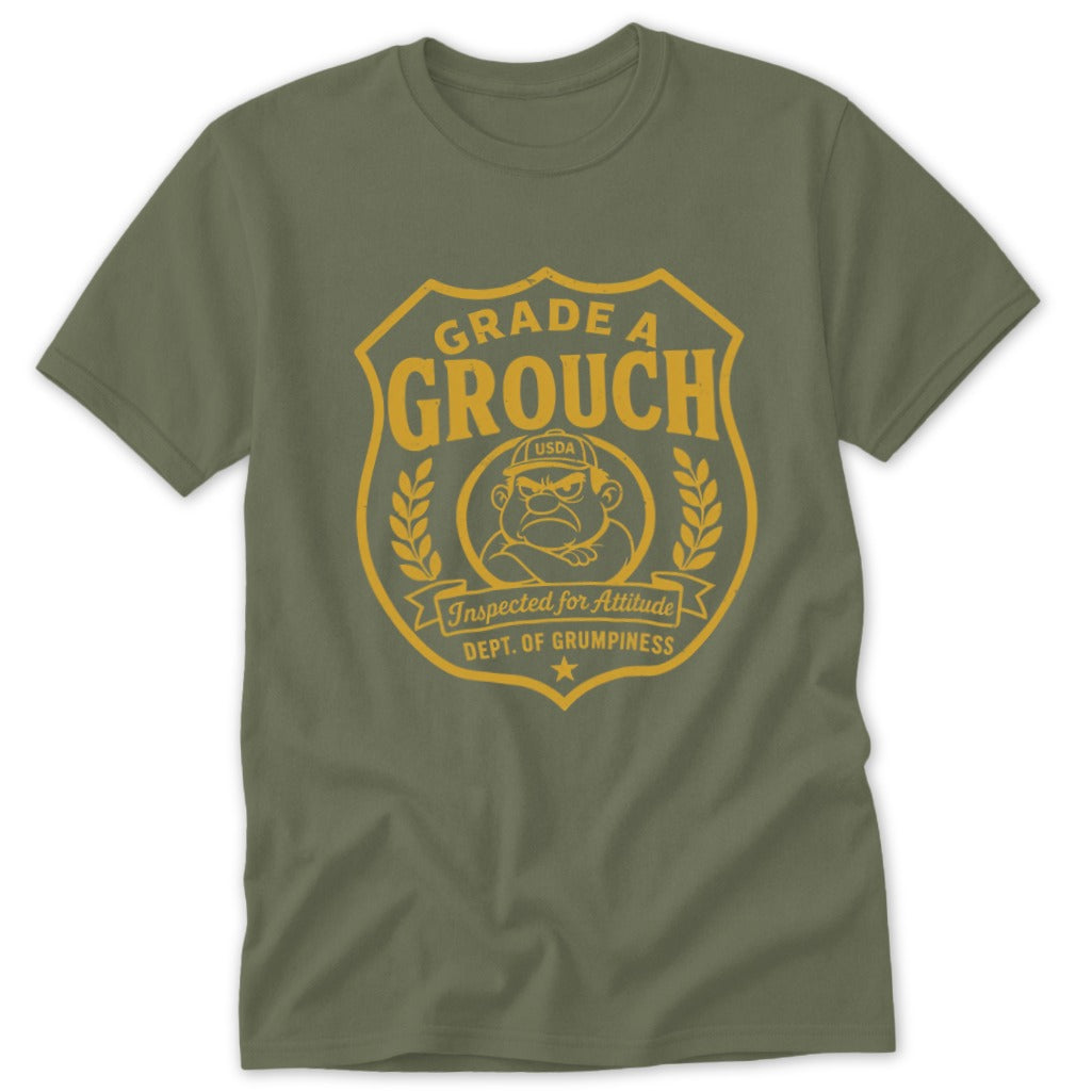 Olive t-shirt with yellow "Grade A Grouch" crest, featuring a grumpy character.